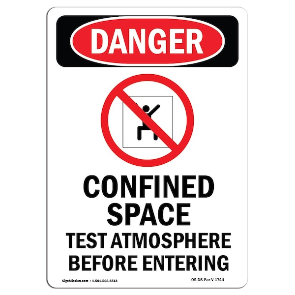 OSHA Danger Sign, Confined Space Test, 10in X 7in Aluminum, 7" W, 10" H, Portrait